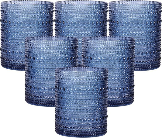 Moretoes Cocktail Glasses 10 oz Hobnail Drinking Glasses Set of 6, Vintage Glassware, Textured Glass Cups Bubble Glasses Water Glasses Old Fashion Jupiter Glasses Set(Blue)