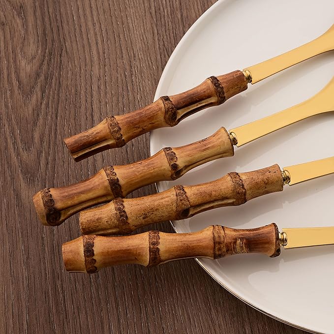 Natural Bamboo Handle Serving Spoons Set of 6, Large Size Stainless Steel Dinner Buffet Catering Banquet Serving Spoons, 10.0" Gold Big Ladle Tablespoons for Home, Family Serving Utensils