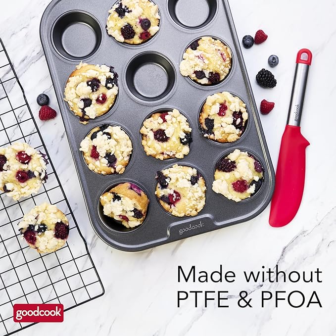 GoodCook PRO Muffin Pan Nonstick Cupcake Pan, Warp & Scratch-Resistant Dishwasher-Safe Carbon Steel Construction for Even Baking with or Without Liners, 12-Cup, Gray