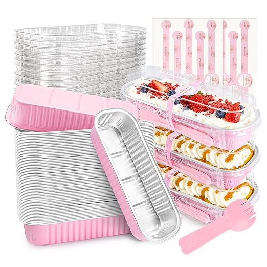 50 PACK Mini Cake Pans with Lids and Spoons,Rectangular Aluminum Foil Bread Pan,Mini Loaf Pans and Food Containers with Lids(Pink,6.8oz)