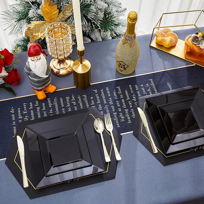 N9R 60PCS Black Plastic Plates Square, 30 Dinner & 30 Dessert Plates Heavy Duty, Fancy Disposable Plates for Party, Wedding and other Events