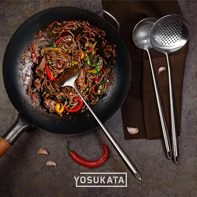 YOSUKATA Flat Bottom Wok Pan - 13.5" Blue Carbon Steel Wok + Wok Lid 12.8 Inch + 17" Spatula and Ladle Skimmer Spoon