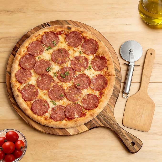 Acacia Wood Round Cutting Board with Handle -16" x 12" Large Charcuterie Board, Wooden Chopping Board for Kitchen, Pizza, Meat & Cheese Serving Tray, Decorative Butcher Block
