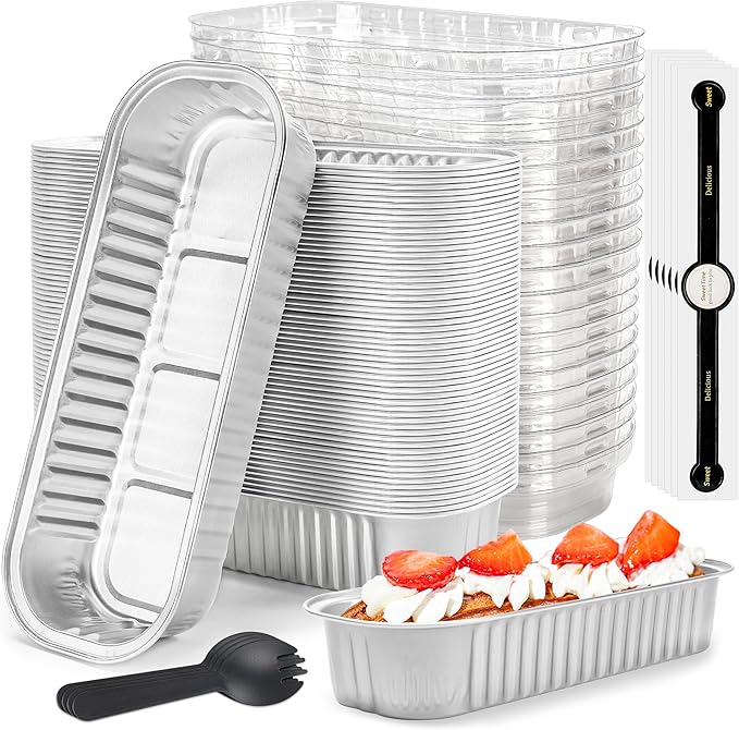 Mini loaf pans with lids Rectangle Aluminum Foil Cake Tins Baking Pans for Wedding Birthday Party 6.8oz(Silver, 50Pack)