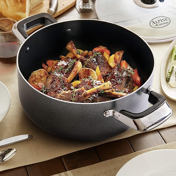 Alpine Cuisine 4 Quart Non-stick Stock Pot with Tempered Glass Lid and Carrying Handles, Multi-Purpose Cookware Aluminum Dutch Oven for Braising, Boiling, Stewing