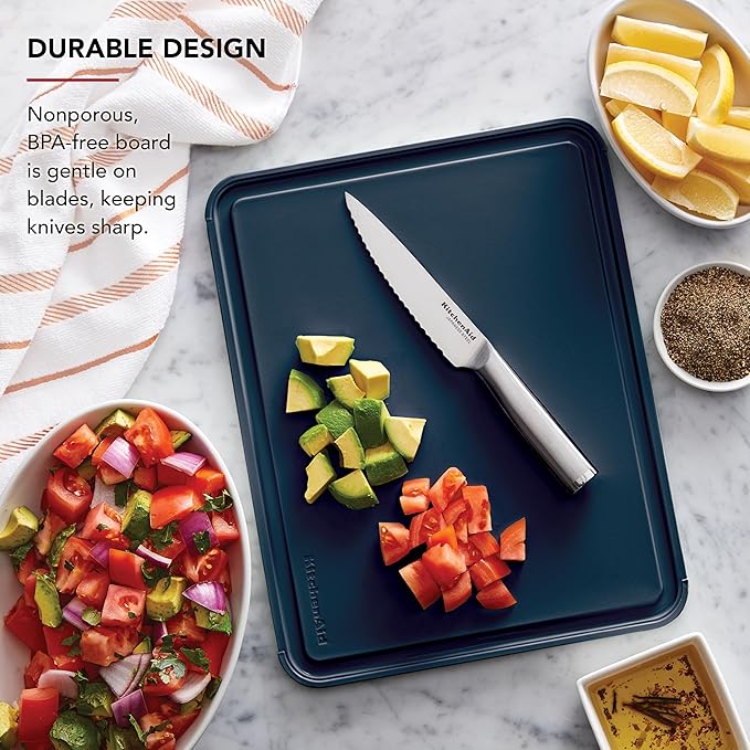 KitchenAid Classic Plastic Cutting Board with Perimeter Trench and Non Slip Edges, Dishwasher Safe, 11 x 14 inch, Ink Blue