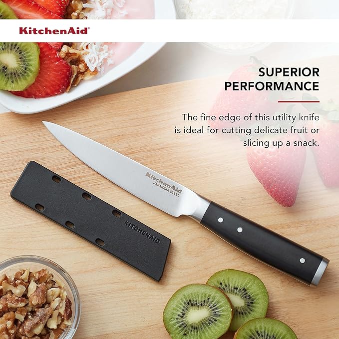 KitchenAid Gourmet Forged Triple Rivet Fine-Edge Utility Knife with Custom-Fit Blade Cover, 4.5-inch, Sharp Kitchen Knife, High-Carbon Japanese Stainless Steel Blade, Black