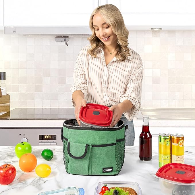 opux Insulated Lunch Bag for Men Women, Leakproof Heather Green Lunch Box for Work, Portable Soft Lunch Cooler Bag with Shoulder Strap, Adult Lunchbox Lunch Pail for Kid Boy Girl School, 18 Can/10L