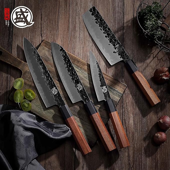 MITSUMOTO SAKARI Japanese Chef's Knife Set 4 Pcs, Professional Hand Forged Kitchen Chef Knife Set, High Carbon Ultra Sharp Cooking Chefs Knife Set (Rosewood Handle & Sandalwood Box)