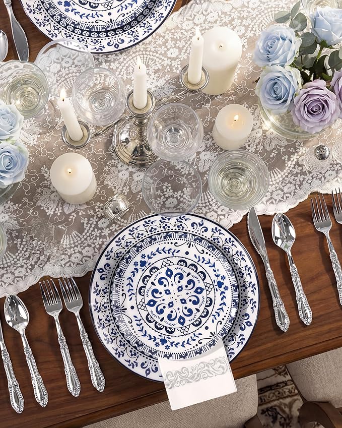 Hioasis 60pcs Blue Plastic Plates Set - Floral Blue & White Porcelain Design, 10.25" Dinner & 7.5" Dessert Plates Disposable for Wedding (Dishwasher Safe, Traditional Style)