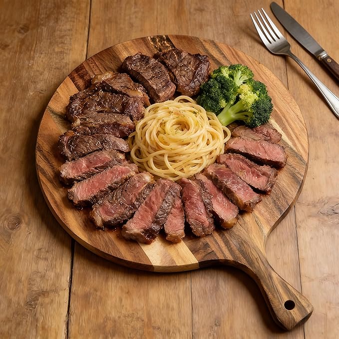 Acacia Wood Round Cutting Board with Handle -16" x 12" Large Charcuterie Board, Wooden Chopping Board for Kitchen, Pizza, Meat & Cheese Serving Tray, Decorative Butcher Block