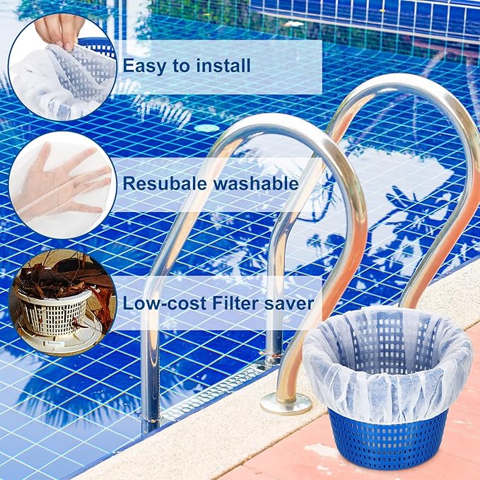 Janmercy 200 Pcs Pool Skimmer Socks Fine Mesh Basket Strainer Screen Liners Savers Clean Debris and Leaves for Inground and Above Ground Pool Filters Baskets Skimmers(White)