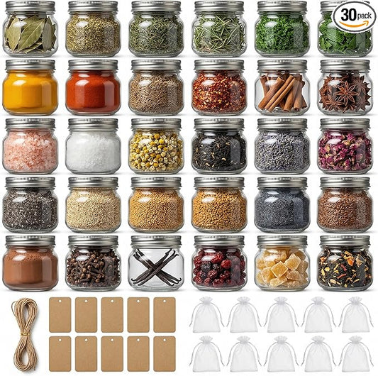 8 oz Mason Jars with Airtight Silver Lids - 30 Pack Small Glass Jars Set with Labels, Twine & Mesh Bags - Wide Mouth Canning Jars for Party Favors, Baby Shower, Wedding & Bulk Crafts