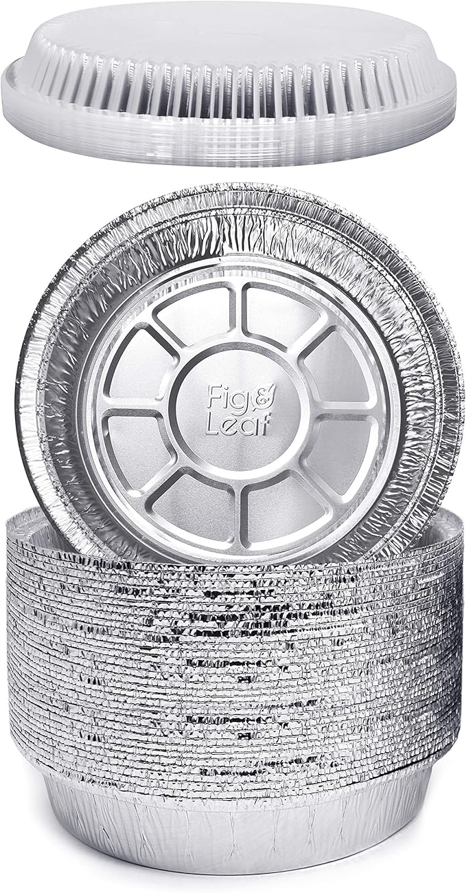 Fig & Leaf (270 Pack) Premium 9-Inch Round Foil Pans with Plastic Dome Lids l Heavy Duty l Disposable Aluminum Tin for Roasting, Baking, Cake or Cooking