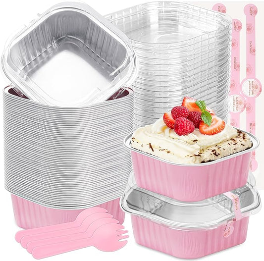 60 pack Mini Cake Pans with Lids Foil Pans Square Aluminum Pans with Lids Cupcake Liners for Birthday Wedding Party Gift (Pink, 10 oz)