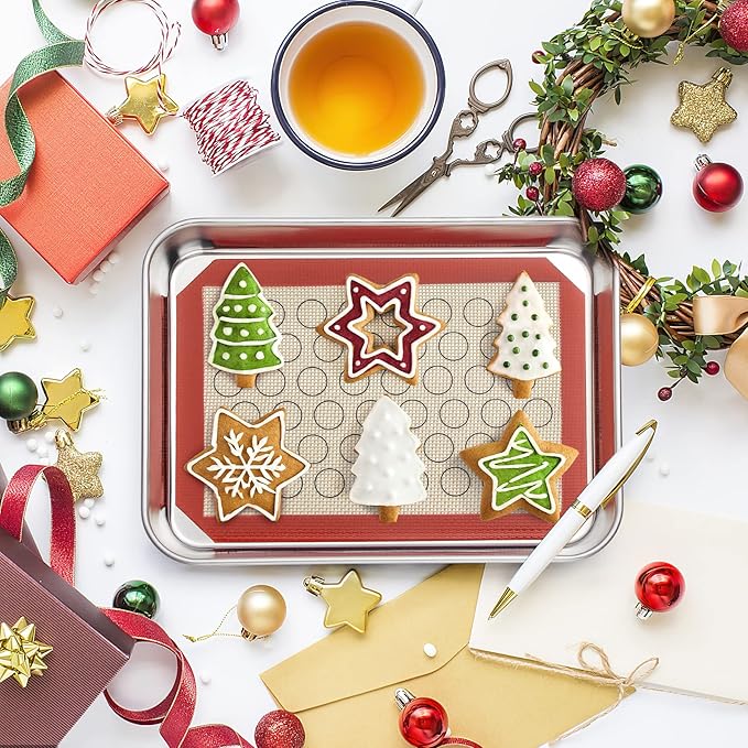Baking Sheet with Silicone Mat Set of 4 [2 Sheets + 2 Mats], Deedro Stainless Steel Cookie Sheet Baking Pan with Silicone Baking Mat, 9 x 7 x 1 Inch, Non Toxic, Heavy Duty, Easy Clean