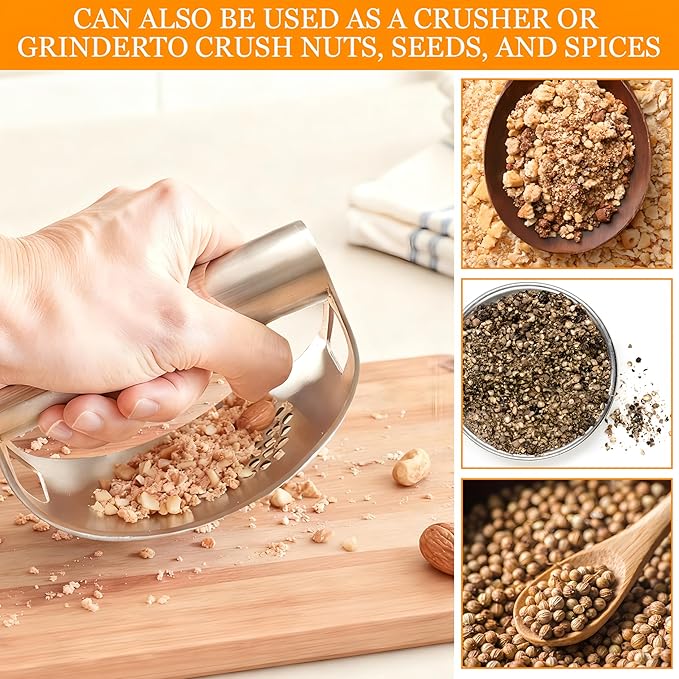 Garlic Press Rocker,Stainless Steel Garlic Mincer,Garlic Crusher w/Ergonomic Handle,Built-in Bottle Opener,Garlic Chooper with Peeler&Cleaning Brush,Essentials Kitchen Gadgets for Effortless Smashing