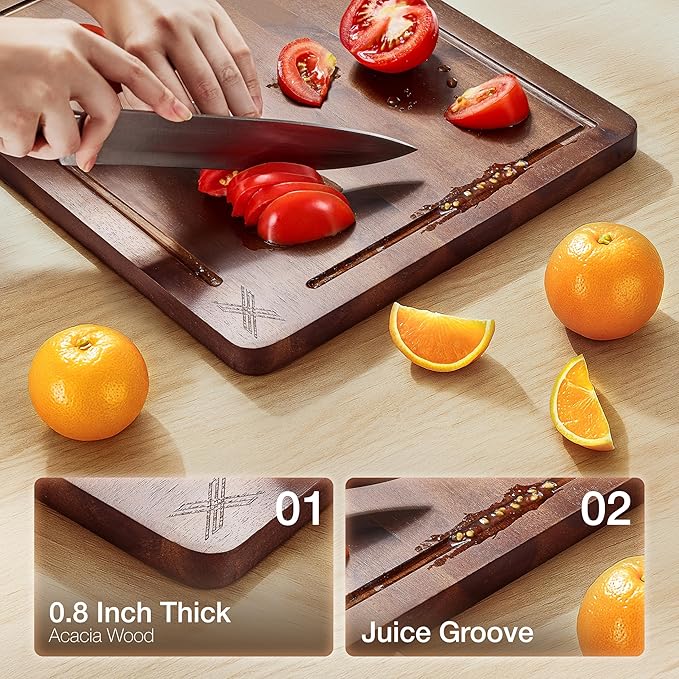 Acacia Wood Cutting Board Set of 3 with Stand - Thick Wooden Chopping Boards with Deep Juice Grooves - Non-Slip & Durable Wooden Boards for Meat & Vegetables (16x12, 14x10, 12x8) - Walnut