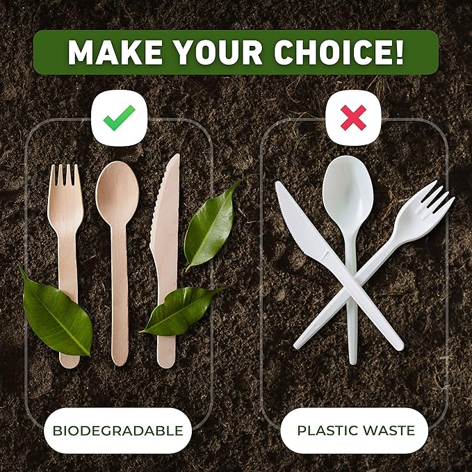 Weemium Disposable Wooden Cutlery Set - 300 Count (100 Forks, 100 Knives, 100 Spoons) – Plastic-free Packaging - Biodegradable Silverware and Splinter-free Compostable Utensils for Parties