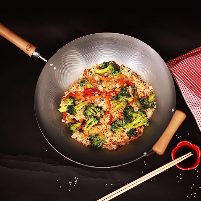 JOYCE CHEN Classic Series 14-Inch Round Bottom Carbon Steel Wok with Birch Handles
