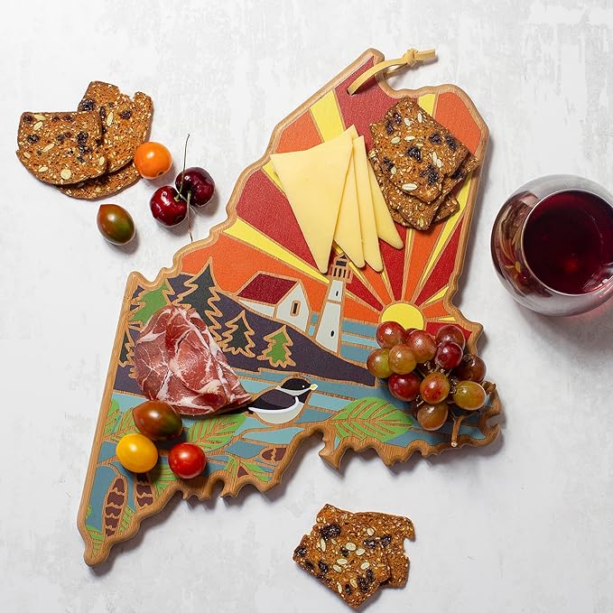 Totally Bamboo Maine State Shaped Cutting Board and Charcuterie Serving Platter with Artwork by Summer Stokes, Includes Hang Tie for Wall Display