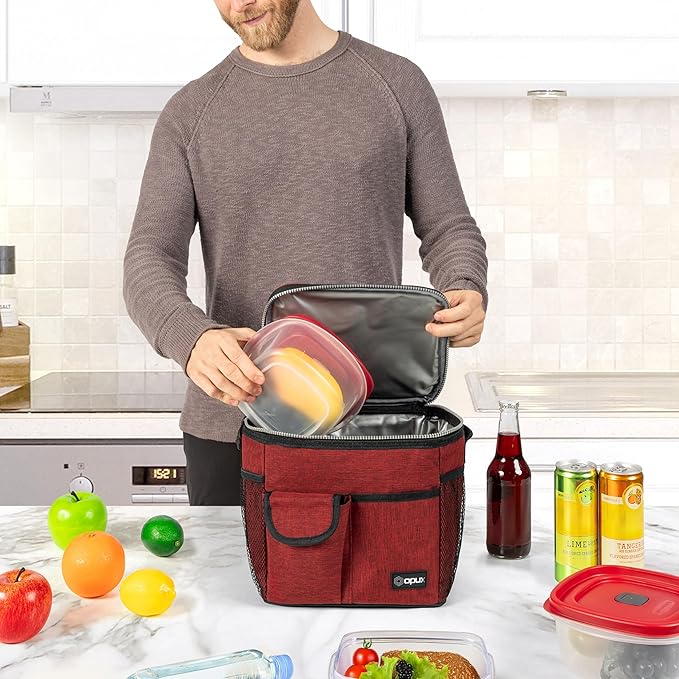 opux Insulated Lunch Bag for Men Women, Leakproof Heather Red Lunch Box for Work, Portable Soft Lunch Cooler Bag with Shoulder Strap, Adult Lunchbox Lunch Pail for Kid Boy Girl School, 18 Can/10L