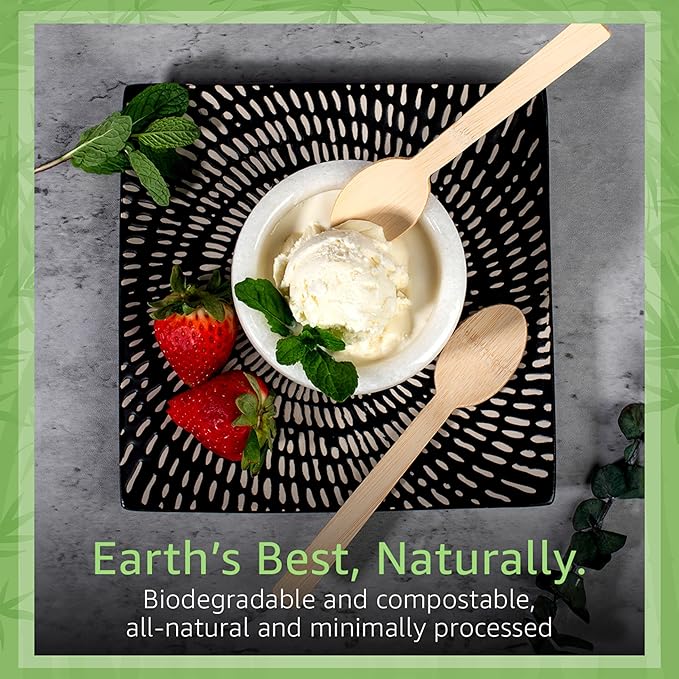 100% Bamboo Spoons Set - Biodegradable Silverware (100 Small Bamboo Spoons) | Reusable or Disposable Party Cutlery | Compostable FSC Certified Flatware for Weddings, Camping, Parties