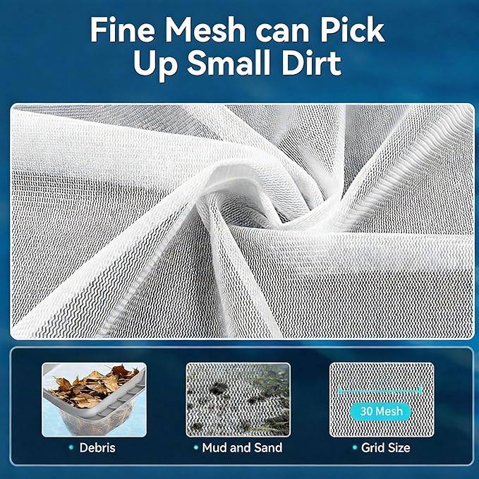 Professional Pool Skimmer Net, Heavy Duty Gray Frame with 15.5" Deep Fine Mesh Bag for Leaves, Twigs & Floating Debris, Reinforced Leaf Rake for Inground and Above Ground Pools (No Pole)