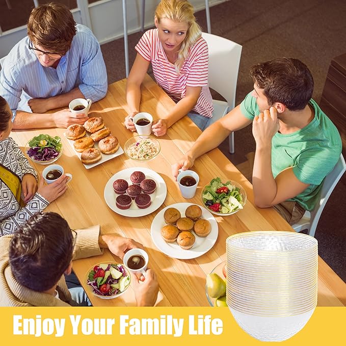 I00000 30 Pack 12 Ounce Clear Plastic Bowls Serving Bowls Hammered with Gold Rimmed, Heavy Duty Disposable Bowl Set,Small Bowl for Wedding & Party