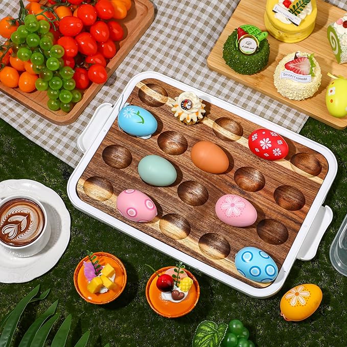 Baderke Easter Gift Acacia Wood Deviled Egg Platter with Lid Base 20 Holes 12 x 8.5 Inch Round Deviled Egg Tray Reversible Charcuterie Board Wooden Eggs Holder Serving Container for Countertop(White)