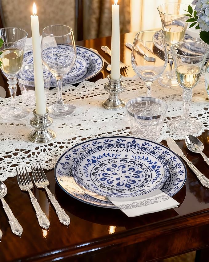 Hioasis 60pcs Blue Plastic Plates Set - Floral Blue & White Porcelain Design, 10.25" Dinner & 7.5" Dessert Plates Disposable for Wedding (Dishwasher Safe, Traditional Style)