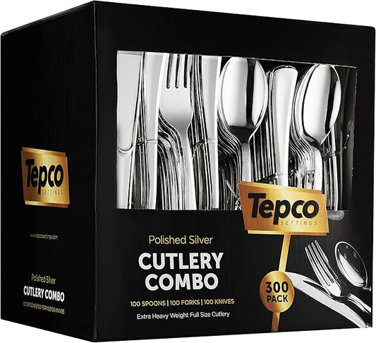 300 Plastic Silverware Set - Silver Cutlery Set - Disposable Flatware Set - 100 Forks - 100 Spoons - 100 Knives - Heavy Duty - Party Bulk