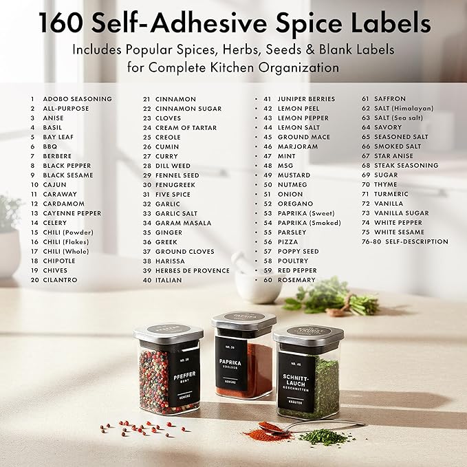 Glass Spice Jars with Steinless Seel Lids (12 x 6.4oz) Glass Spice Containers, Square Spice Jars with Labels 160, Seasoning Jars Organizer for Kitchen & Pantry