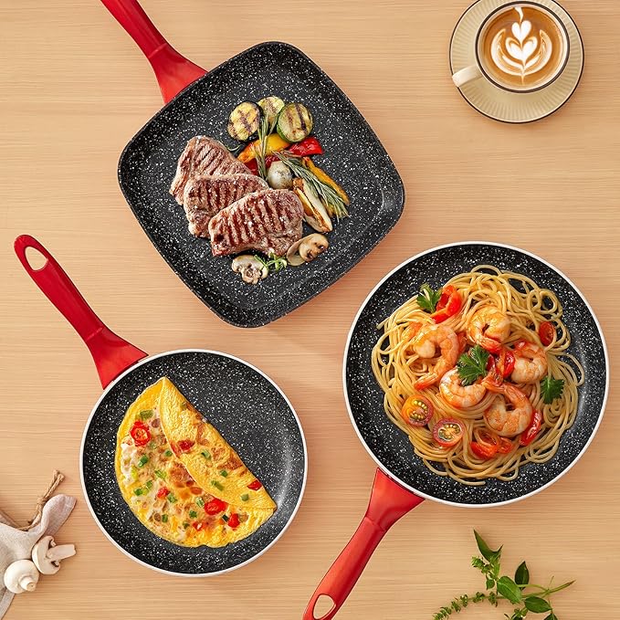 BEZIA Nonstick Frying Pans Set 3 Piece, Skillets and Frying Pans 9.5, 11, 10.2 Inch, Dishwasher Safe Kitchen Cooking Pan, Non Stick Pan for induction cooktop, Omelette Egg Pan with Stay Cool Handle