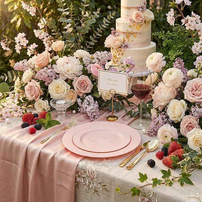 FLOWERCAT 60PCS Pink Plastic Plates - Heavy Duty Pink Plates Disposable for Easter Party&Mother's Day/Wedding - serving 30 guests Include 30PCS 10.25inch & 30PCS 7.5inch