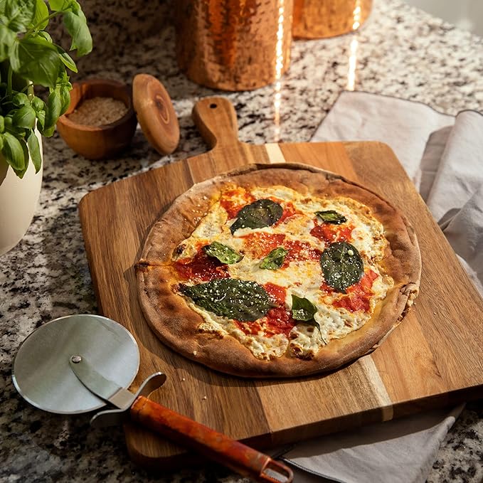 Acacia Wood Cutting Board and Chopping Board with Handle for Meat, Cheese Board, Vegetables, Bread, and Charcuterie - Decorative Wooden Serving Board for Kitchen and Dining Room, Large 17" x 13"