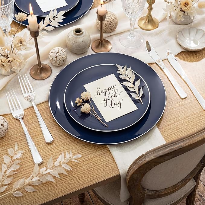 KIRE 200PCS Blue Plastic Plates with Silver Rim - Navy Blue Plastic Plates Include 100 Dinner & Dessert Plate - Heavy Duty Dark Blue Disposable Plate for Passover/Parties/Wedding