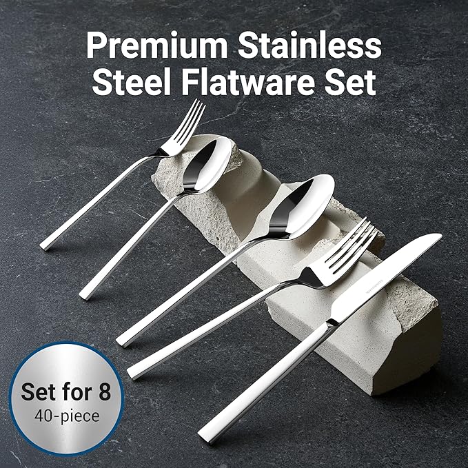 Essen Flatware Set for 8, 40-Piece 18/10 Stainless Steel Silverware Set, Modern Cutlery Set with Mirror Finish, Dishwasher Safe Kitchen Utensil Set, Mother’s Day Gift
