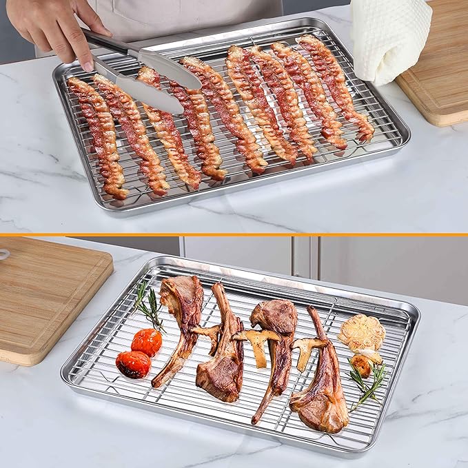 Homikit Baking Half Sheet with Rack (1 Pan + 1 Rack), 18" x 13" Stainless Steel Cookie Sheets for Baking, Metal Bacon Tray with Wire Cooling Rack for Oven Cooking Roasting, Nonstick& Dishwasher Safe