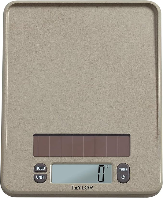 Taylor Light Powered Digital Kitchen Scale, Coffee Husk Blend Material, Solar Panel with Endless Power, No Batteries Needed, Energy-Saving, 11lb Capacity, Beige