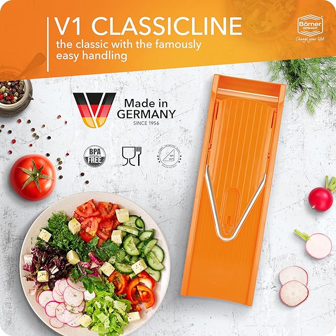 Börner Mandoline Slicer V1 (Professional Set) • V-Slicer with 4 Inserts, Fruit Holder, Docking Station, Box • Adjustable Vegetable Slicer • Cuts into Slices, Strips & Dices • Color: Orange