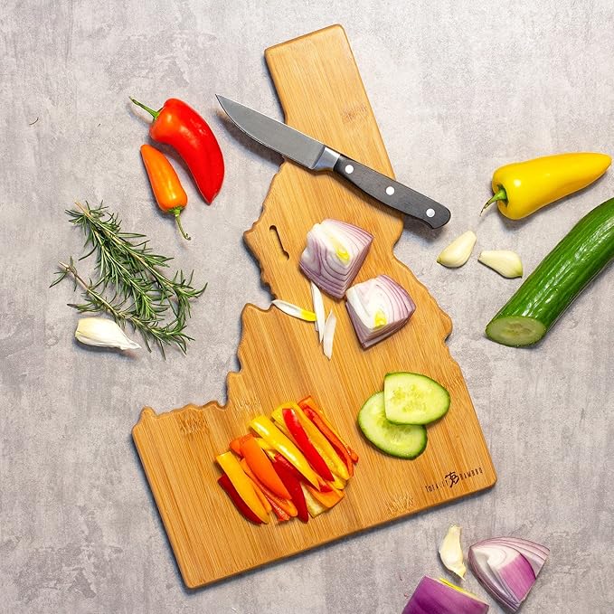 Totally Bamboo Idaho State Shaped Cutting Board and Charcuterie Serving Platter with Artwork by Summer Stokes, Includes Hang Tie for Wall Display Varies