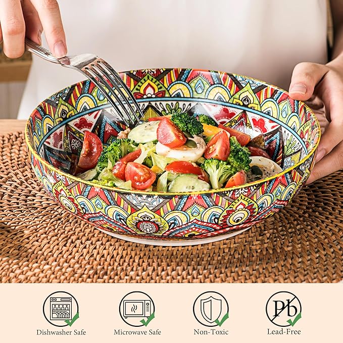 Henten Home Porcelain Pasta Bowls Set of 2, Ceramic 50 oz Soup Bowl, Colorful Large Salad Bowls, Bohemia Style Serving Bowls Set for Noodles, Microwave & Dishwasher Safe (Set A)