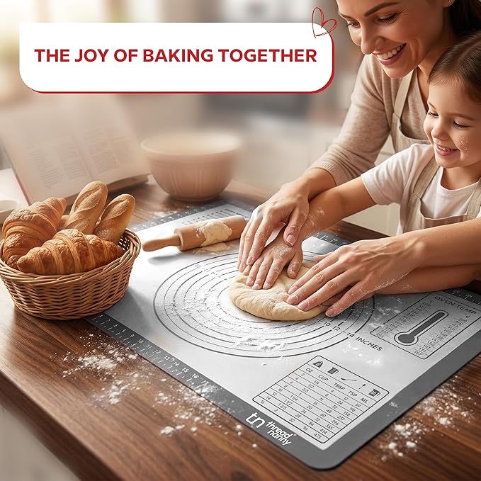 ThreadNanny Silicone Baking Pastry Mat Extra Large 28x20 - Non-Stick Non-Slip Rolling Mat for Dough with Measurements - Bread, Pizza, Pie Crust, Cookies, Fondant - Oven Safe, Dishwasher Safe (Grey)