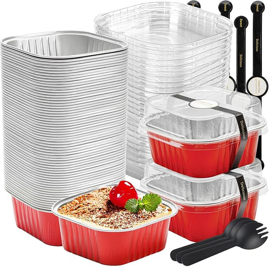 60 Pack Mini Cake Pans with Lids Foil Pans Square Aluminum Pans with Lids Cupcake Liners for Birthday Wedding Party Gift (Red, 5 oz)