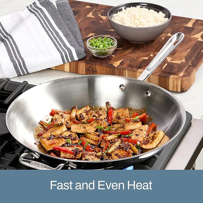 All-Clad D3 3-Ply Stainless Steel Wok 14-Inch, Induction Compatible, Oven Broiler Safe 600F, Stir-Fry Pan, Fast and Even Heat, Cookware, Frying Pan, Kitchen Essential, Pots and Pans, Silver