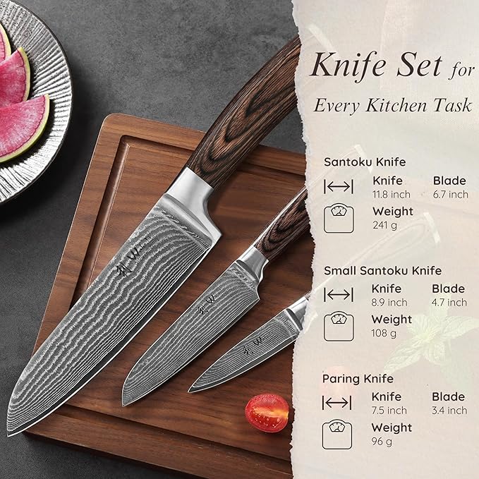 Wakoli EDIB 3-Piece Damascus Kitchen Knife Set in Wooden Gift Box, Razor Sharp Genuine Damascus Steel (VG10 Core), Includes Santoku, Small Santoku and Paring Knife, Ergonomic Pakkawood Handle