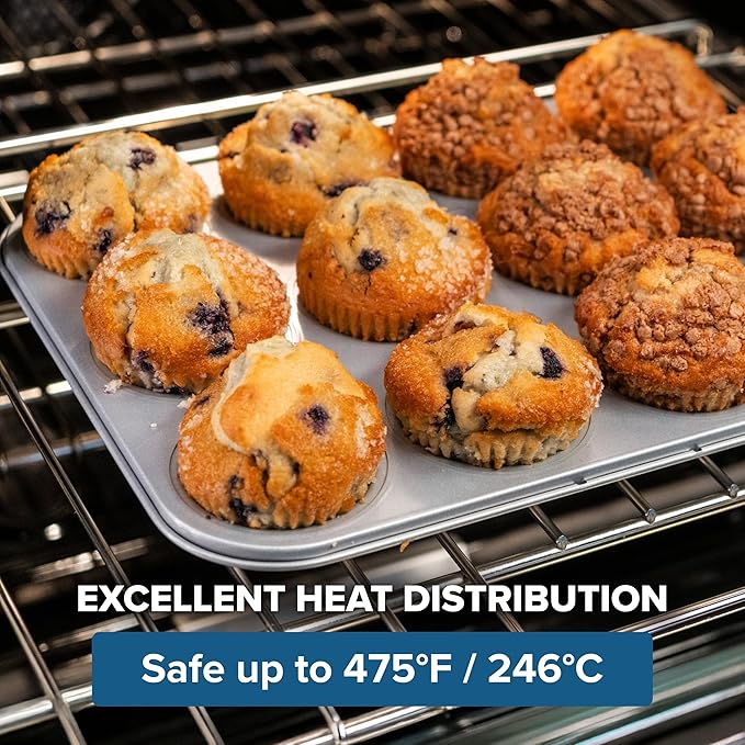 Viking Premium Nonstick Ceramic Muffin Pan, Made without PFAS, 12 Cup Heavy Gauge Aluminized Steel Cupcake Baking Pan with Reinforced Iron Frame, Even Heating Muffin Tin, Oven Safe for 475F, Silver
