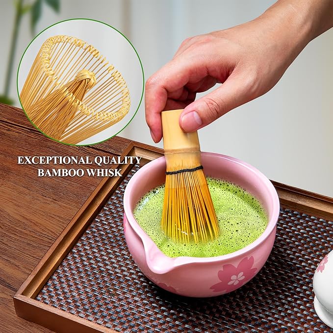 Matcha Whisk Set Matcha Making Kit Bamboo Chasen Ceramic Whisk Holder Stand Sifter Scoop Japanese Tea Tools (White)