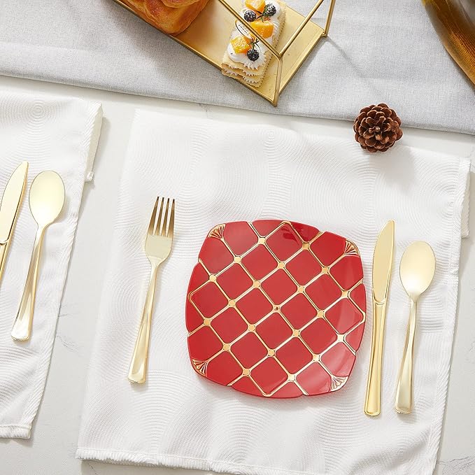 N9R 100PCS Gold Plastic Silverware - Gold Plastic Cutlery Set Disposable Flatware Dinnerware -50 Forks, 25 Spoons, 25 Knives for Party, Birthday, Wedding